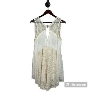 New Free People Women Ivory Sz M Lace Mini Dress Dont You Dare Neutral Swing H3